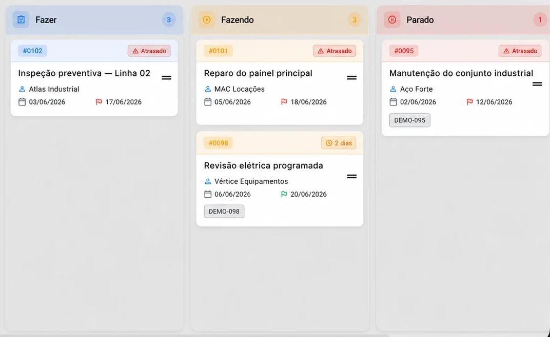 Tela real do Nuvio ERP com as tarefas em execução organizadas por status e prazos visíveis