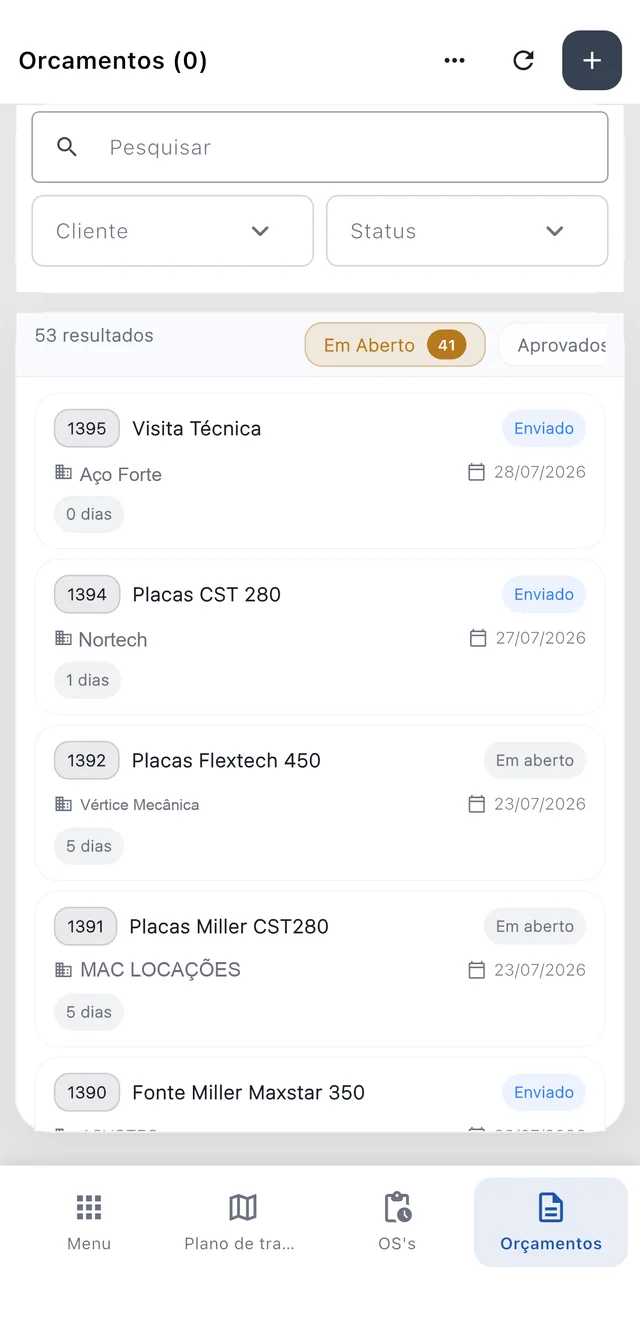 Lista de orçamentos no aplicativo mobile do Nuvio ERP