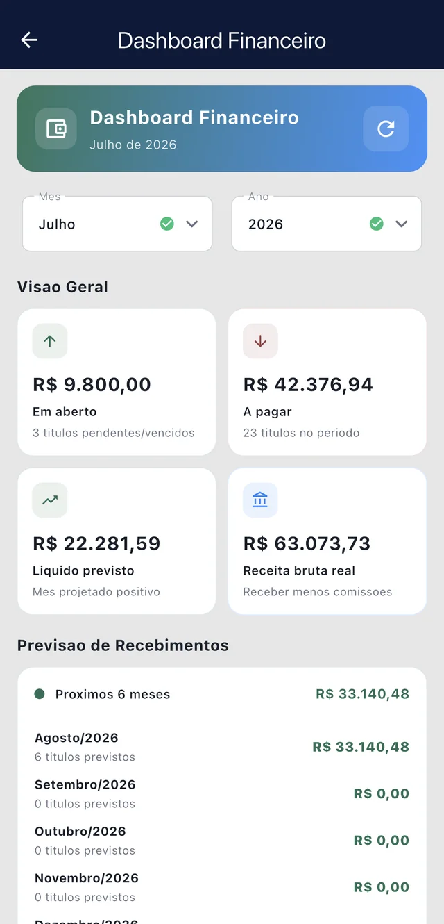 Aplicativo mobile do Nuvio ERP com o dashboard financeiro e a previsão de recebimentos