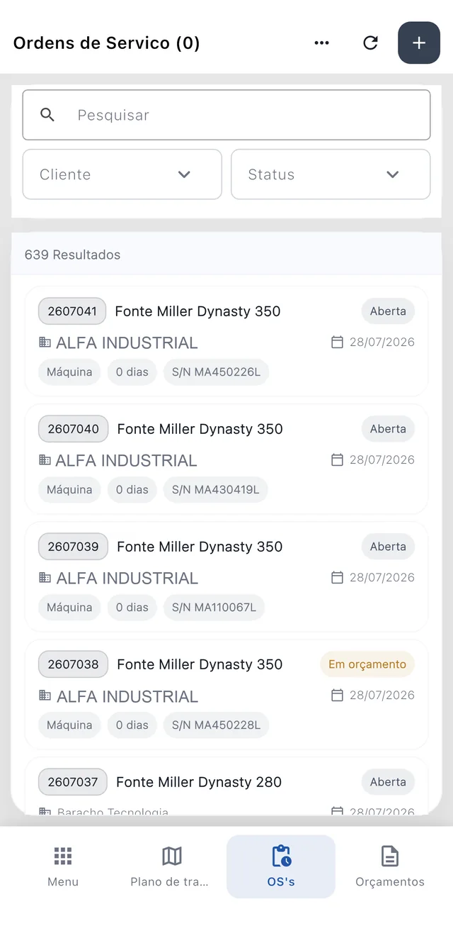 Lista de ordens de serviço no aplicativo mobile do Nuvio ERP