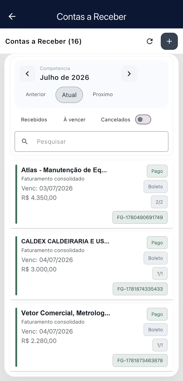 Contas a receber no aplicativo mobile do Nuvio ERP