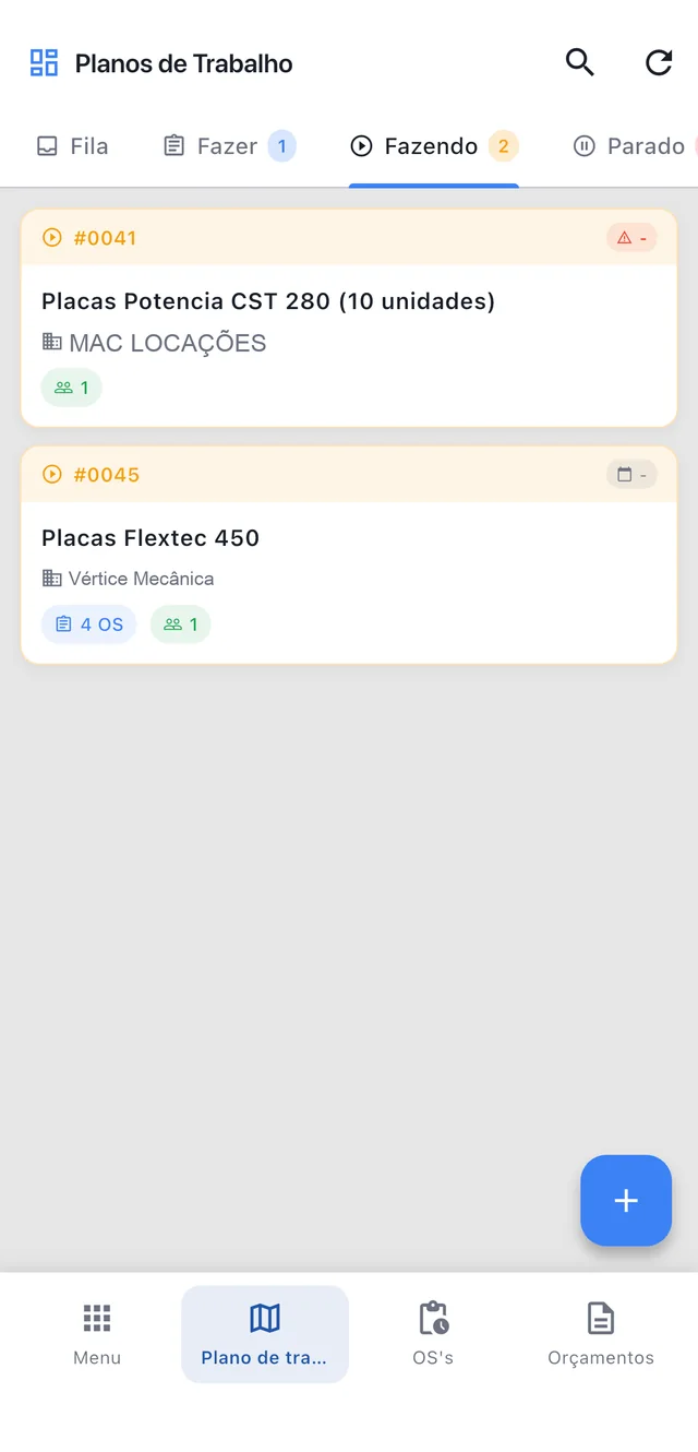 A mesma tela de Planos de Trabalho no aplicativo mobile do Nuvio ERP
