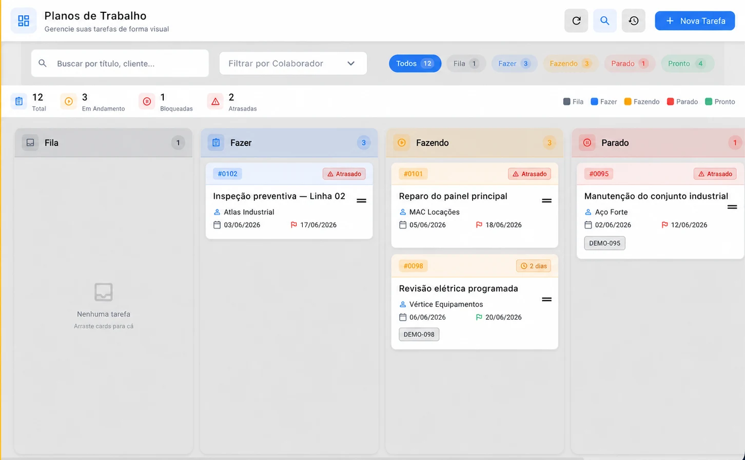 Tela real de Planos de Trabalho do Nuvio ERP com tarefas organizadas por etapa